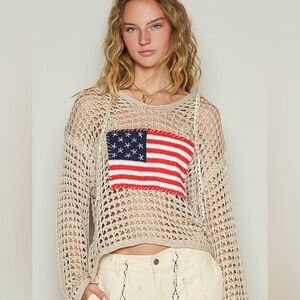 Anthropologie Beige Knit Top with American Flag